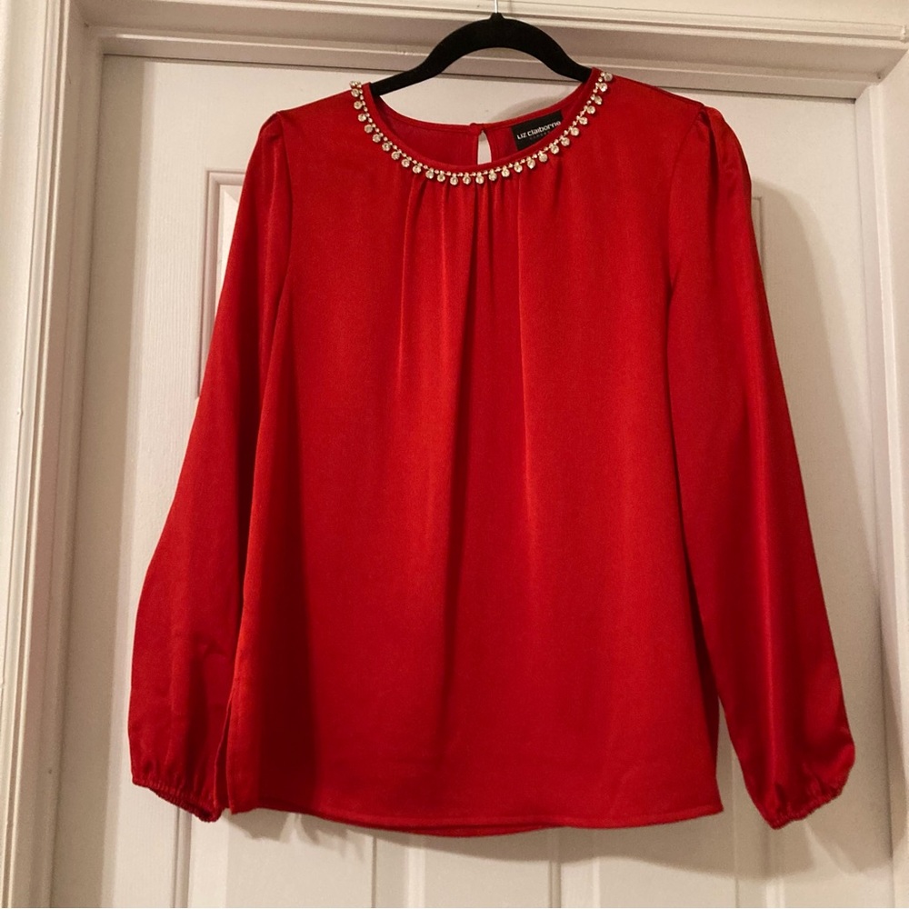 Liz Claiborne Red Blouse with Rhinestone Neckline size small, Women’s Shirt